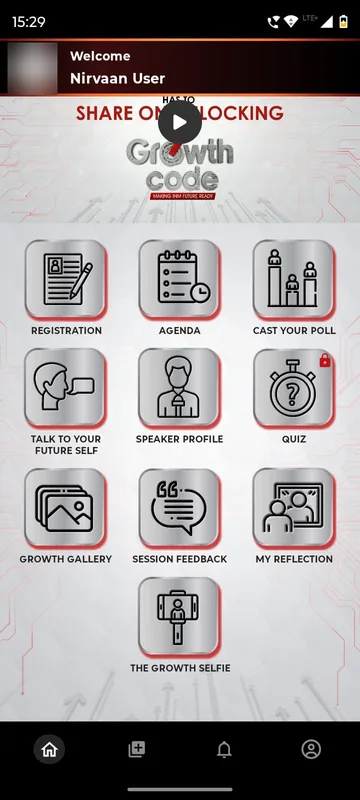 Home tile grid showing registration, agenda, cast your poll, talk to your future self, speaker profile, a locked quiz, growth gallery, session feedback, my reflection and the growth selfie
