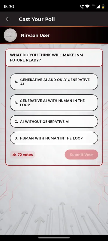 Poll card asking what will make the business future ready with four lettered options, a 72 votes count and a Submit Vote button