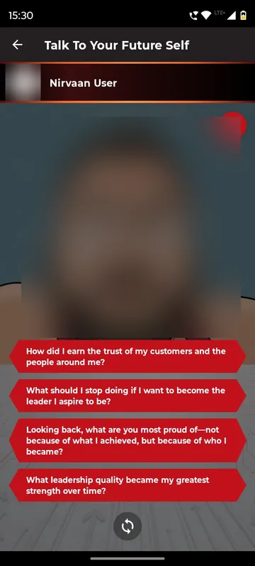 Talk To Your Future Self screen with the generated avatar blurred, a download button and four reflective leadership questions as red chips above a shuffle button