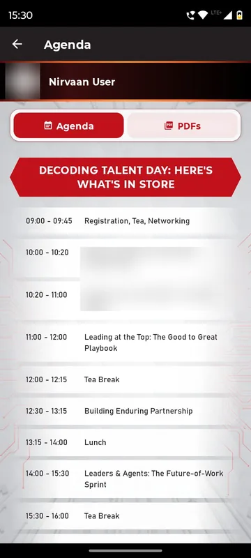 Agenda tab with Agenda and PDFs switch listing the talent day sessions with times, tea breaks and lunch; speaker names blurred