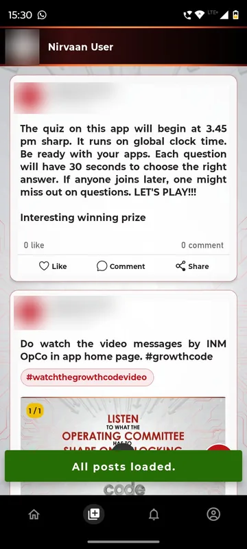 Timeline with organiser posts announcing the quiz start time, 30 seconds per question and a prize, and pointing to video messages on the home page; author names blurred