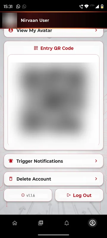 Profile page with a View My Avatar row, an Entry QR Code panel blurred, and organiser shortcuts for trigger notifications, delete account and log out