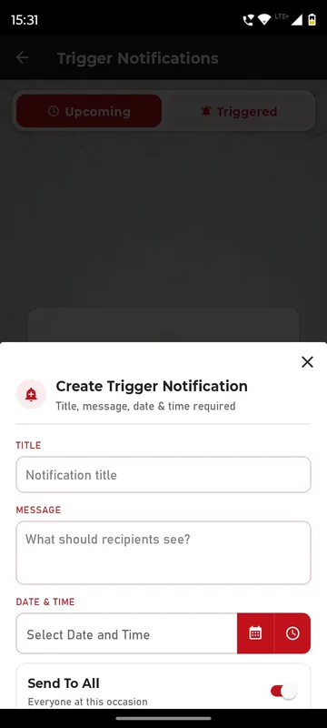 Create trigger notification sheet with title, message, date and time fields and a send to all switch