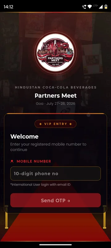 Cinema themed login with a red carpet backdrop, a partner meet badge, a VIP entry card, a ten digit phone field and a Send OTP button
