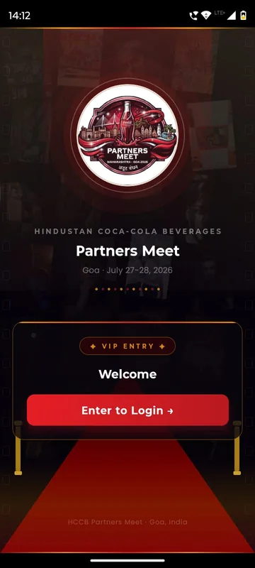 Cinematic splash with the partner meet badge, event dates and venue, a VIP entry card and a red carpet leading to an Enter to Login button