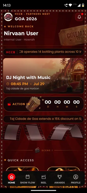 Home header with a next up event card, an action in countdown, a company facts ticker, a hotel offer strip and a movie ticket styled banner