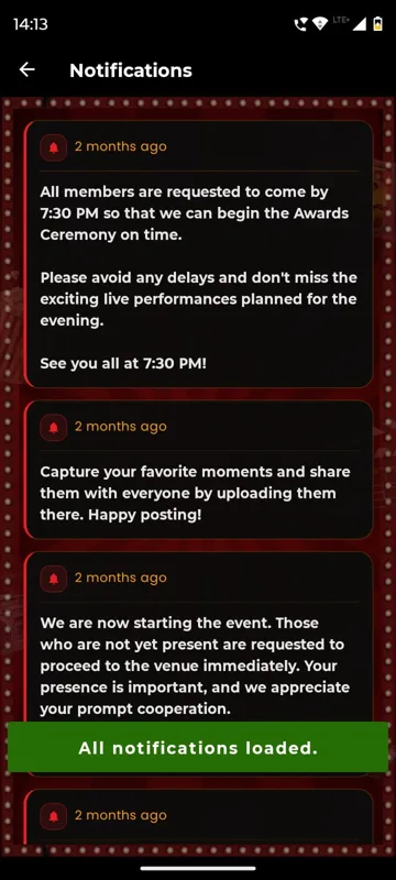 Notifications list with organiser messages asking guests to arrive by 7:30 PM for the awards ceremony, to share photos and to proceed to the venue as the event starts