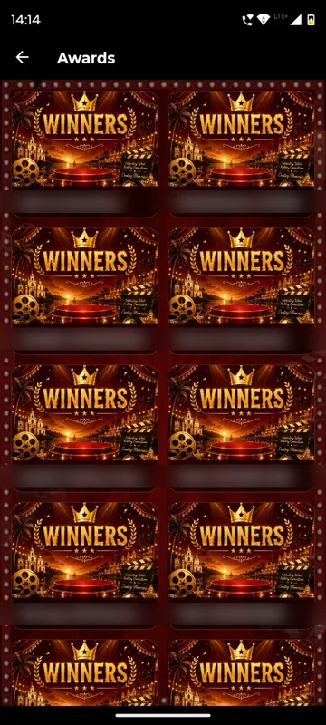 Awards tab showing a grid of gold Winners trophy tiles; the partner business names under each tile are blurred