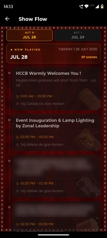 Show Flow with Act 0 and Act I day tabs, a Now Playing card for 28 July with 29 scenes and session cards with times and hall; leader names are blurred