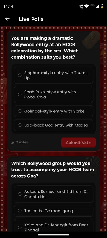 Live Polls page with two themed multiple choice questions, vote counts and a Submit Vote button