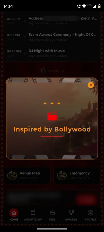 Highlights reel pop-up card titled Inspired by Bollywood over the dimmed home page