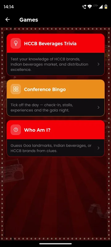 Games page listing a brand trivia quiz, conference bingo and a who am I guessing game as coloured cards
