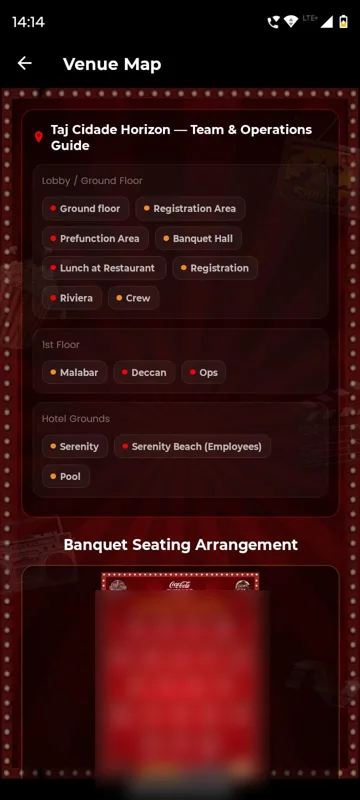 Venue map page listing hotel zones by floor, including a beach zone marked for employees, above a banquet seating arrangement image, blurred