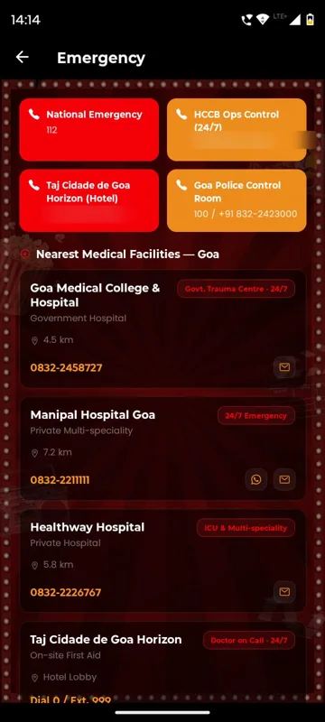 Emergency page with national emergency, operations control, hotel and police cards, two mobile numbers blurred, and nearest hospitals with distance and phone