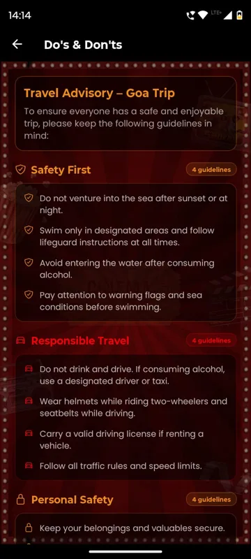 Travel Advisory for the Goa trip grouped into Safety First, Responsible Travel and Personal Safety guidelines