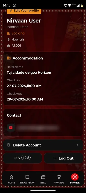 Profile of a test account with an Accommodation card naming the hotel with check-in on 27 July and check-out on 29 July, contact email blurred, Delete Account, version and Log Out