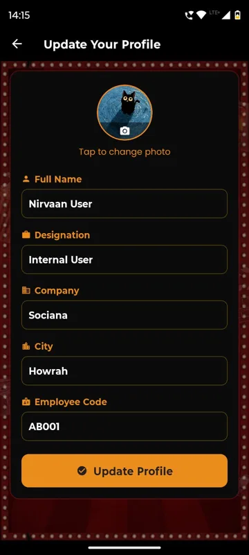 Update Your Profile form for a test account with photo, full name, designation, company, city and employee code fields and an Update Profile button