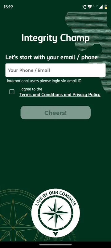 Dark green login with the programme title, an email or phone field, a terms and conditions checkbox, a Cheers button and a compass emblem
