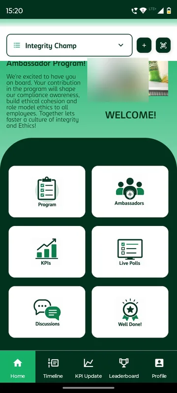 Home screen with an occasion drop-down, a blurred welcome video and white tiles for Program, Ambassadors, KPIs, Live Polls, Discussions and Well Done above a five-tab bottom bar