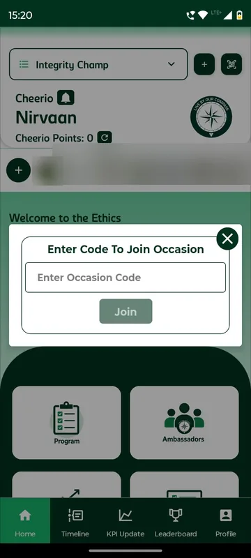 Enter Code To Join Occasion dialog with a code field and a Join button over the dimmed home screen, story photos blurred
