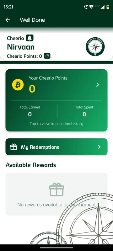 Well Done rewards page with a points wallet showing earned and spent totals, a My Redemptions button and an Available Rewards area