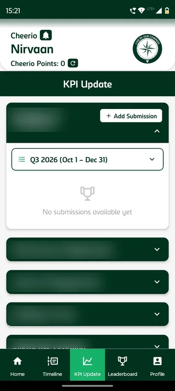 KPI Update tab with an Add Submission button, a quarter selector, an empty submissions state and collapsible tournament rows whose names are blurred