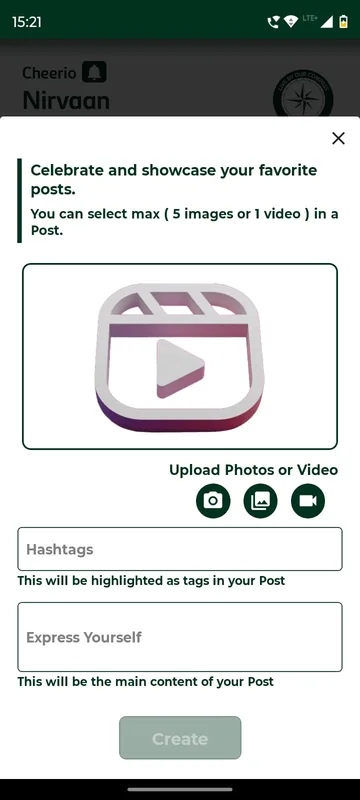Create post sheet allowing up to five images or one video, with Hashtags and Express Yourself fields and a Create button