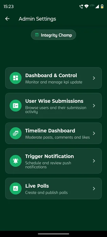 Admin Settings page with cards for Dashboard and Control, User Wise Submissions, Timeline Dashboard, Trigger Notification and Live Polls
