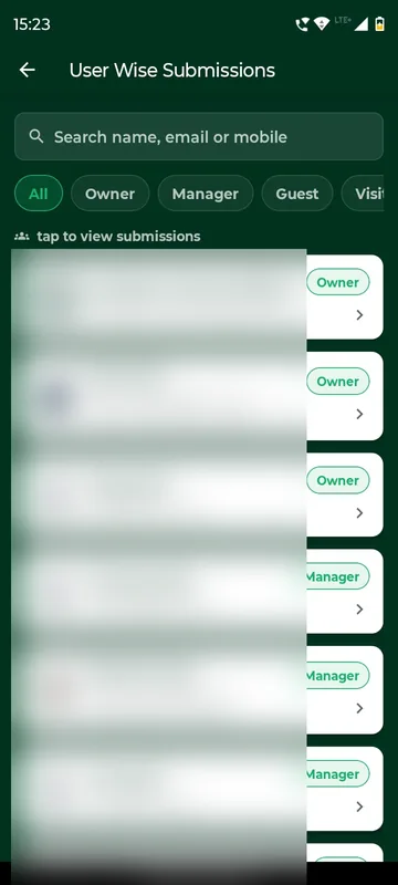 User Wise Submissions screen with a search box for name, email or mobile, role filter chips and a list of people whose names and emails are blurred