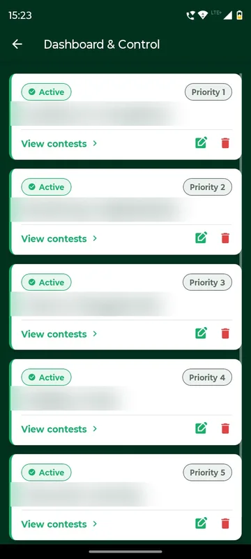 Dashboard and Control list of five active tournaments with priority labels, View contests links and edit and delete icons, tournament names blurred