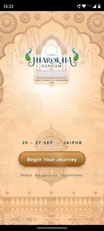 Rajasthani palace styled splash with a peacock arch logo, event dates and a Begin Your Journey button