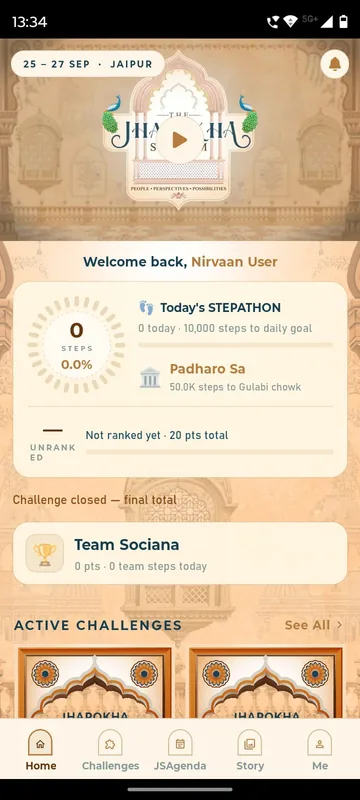 Home with a palace logo banner, a daily steps ring at zero, the next palace milestone, a team total and a row of active challenge cards