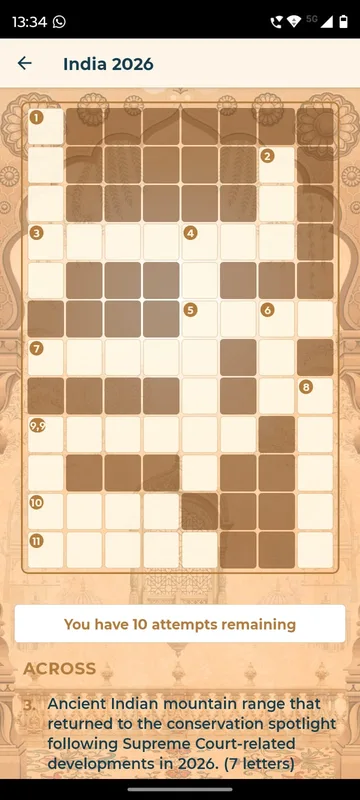 Crossword grid with numbered cells, a ten attempts remaining banner and an across clue about an Indian mountain range