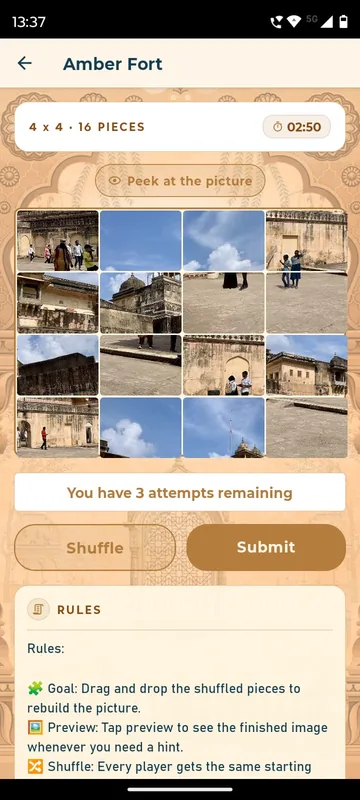 Jigsaw puzzle of a fort courtyard photo with a timer, a peek at the picture button, Shuffle and Submit controls and a rules panel