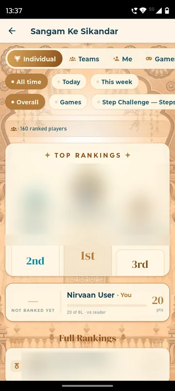 Sangam Ke Sikandar leaderboard with Individual, Teams, Me and Games tabs, time and category filters, a 160 ranked players line and a podium with names and photos blurred