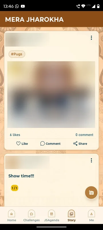 Mera Jharokha story wall with a hashtagged group photo post and a text post, with like, comment and share actions; faces and names are blurred