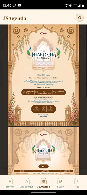 JSAgenda tab showing the illustrated event invitation with venue, dates and a day one schedule inside an in-app document viewer with a refresh button