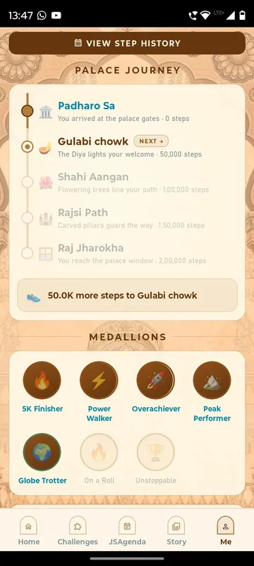 Profile with a palace journey milestone path based on step counts and a medallions badge grid with earned and locked badges