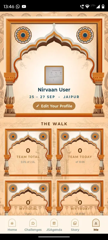Profile inside a carved arch with the event dates and The Walk tiles for team total, team today, my total and my today steps