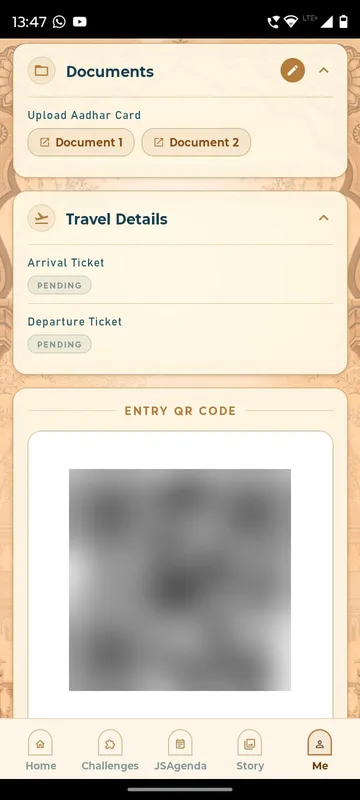 Profile sections for an Aadhaar upload with two document buttons, pending arrival and departure ticket pills and a blurred entry QR code