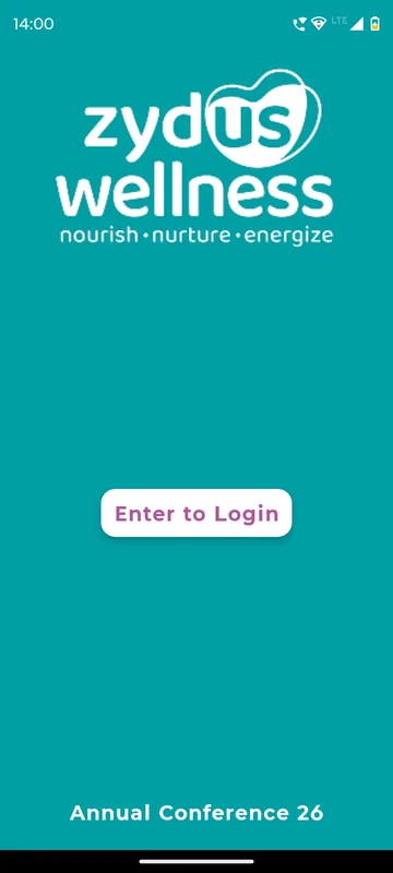 Teal splash with the company wordmark, tagline, an Enter to Login button and the annual conference title