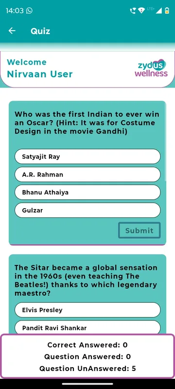 Quiz page with multiple choice trivia questions about cinema and music, answer buttons, a Submit button and a correct answered scoreboard