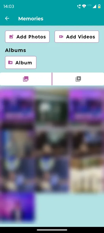 Memories page with Add Photos and Add Videos buttons, an album chip, photo and video tabs and a grid of event photos, blurred