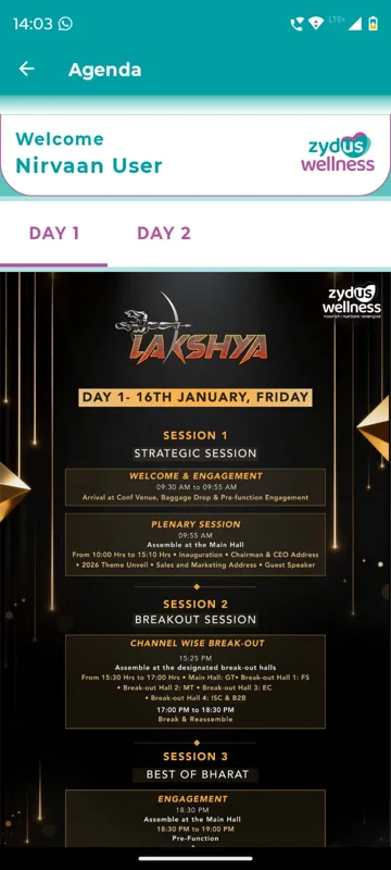 Agenda with Day 1 and Day 2 tabs showing a Lakshya poster for Friday 16 January: strategic session, plenary, channel-wise breakouts and a Best of Bharat session