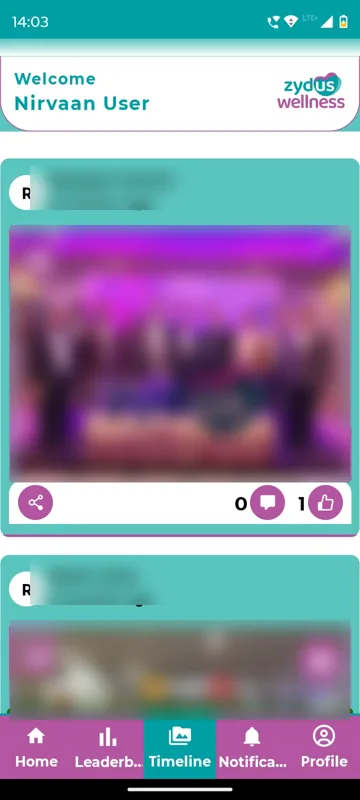 Timeline feed with attendee photo posts, authors and photos blurred, and share, comment and like counts