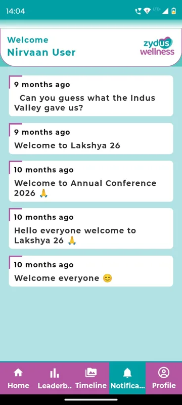 Notification tab listing a quiz teaser about the Indus Valley and welcome messages for Lakshya 26 and Annual Conference 2026