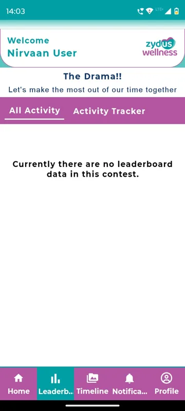 Leaderboard tab for a contest called The Drama with All Activity and Activity Tracker switches, before any scores were recorded