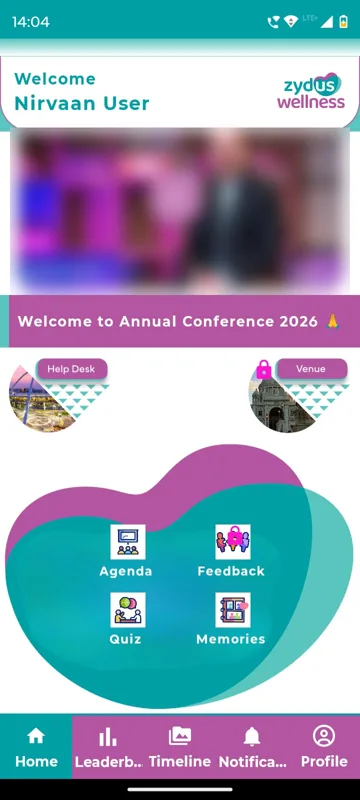 Home scrolled to the Annual Conference 2026 banner, Help Desk and a locked Venue badge, and tiles for Agenda, Feedback, Quiz and Memories