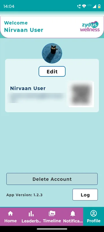 Profile with a test avatar, Edit button, the email and personal QR code blurred, and Delete Account and Log Out buttons