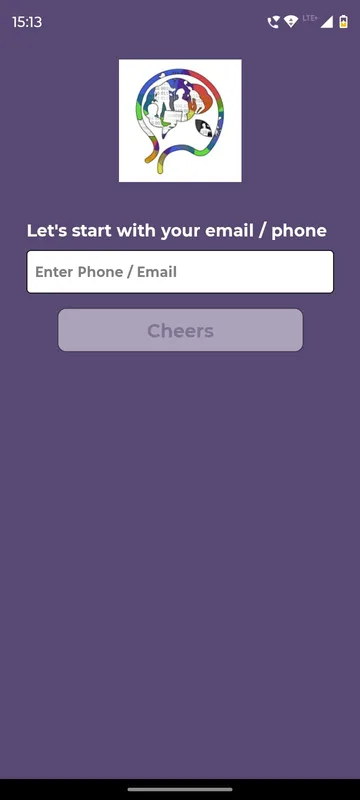 Login screen with the app logo, a single Enter Phone or Email field and a Cheers button on a purple background